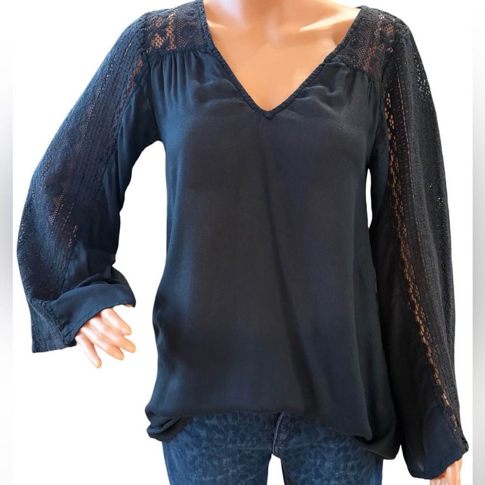 O'Neill Black Boho V-Neck Lace Sleeve Blouse